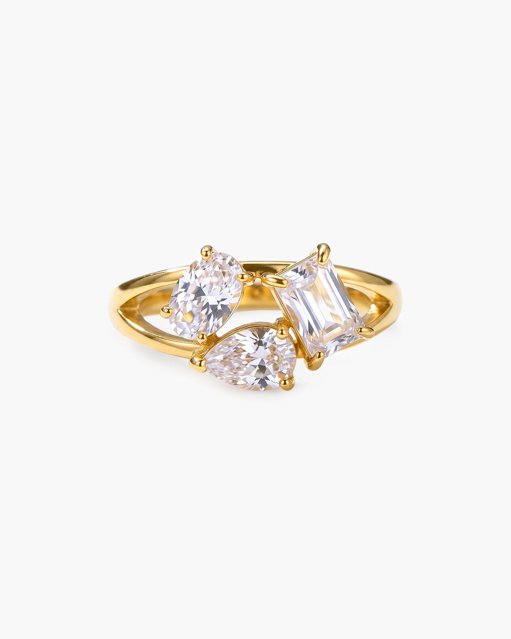 Mixed Cut Three Stone Split Shank Waterproof Gold Ring