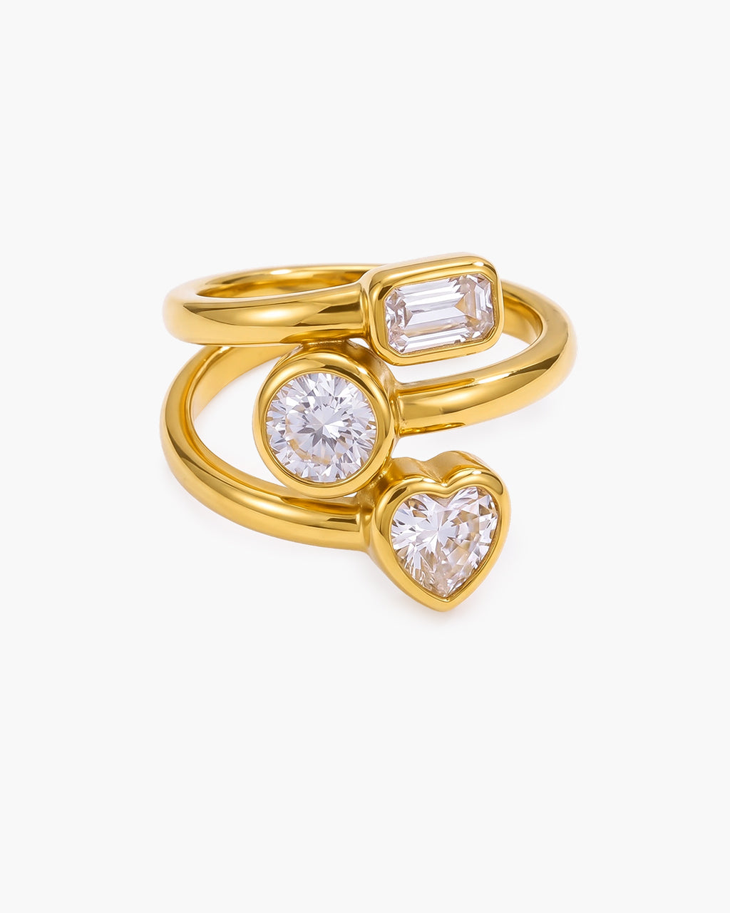 Mixed Cut Triple Band Bypass Waterproof Gold Ring