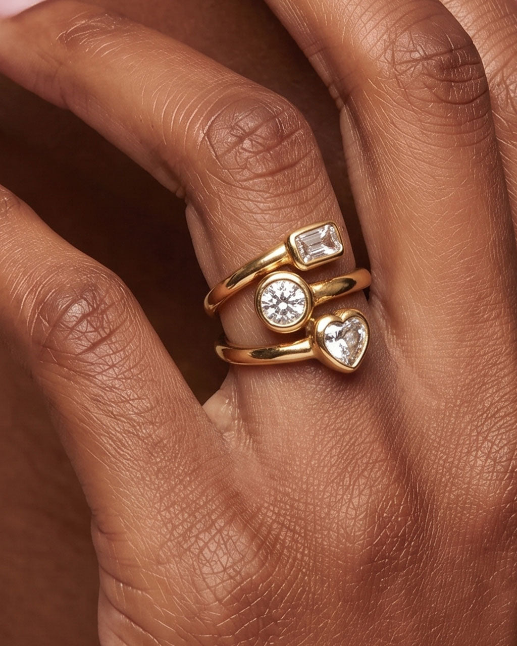 Mixed Cut Triple Band Bypass Waterproof Gold Ring