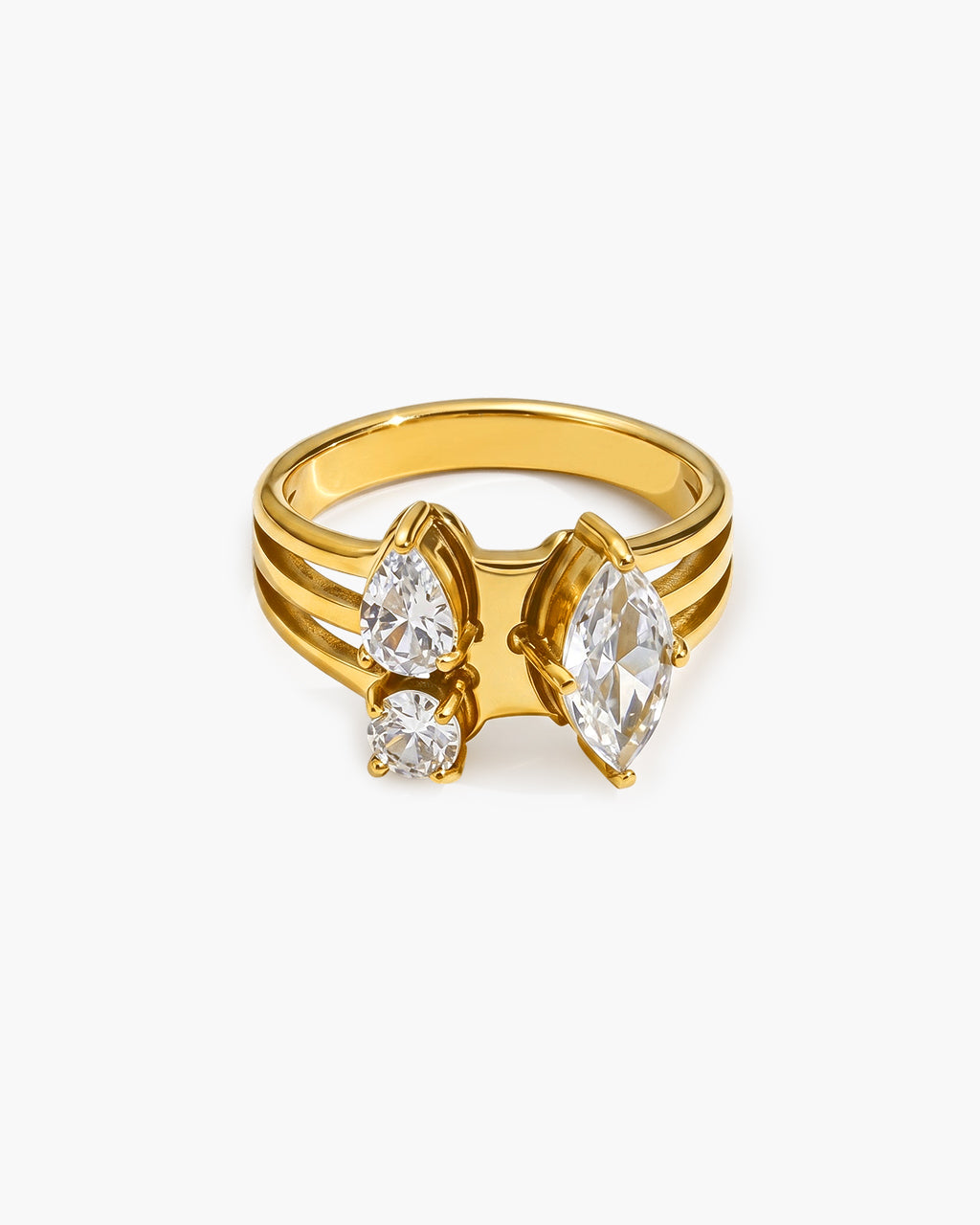 Mixed Cut Triple Stone Split Shank Waterproof Gold Ring