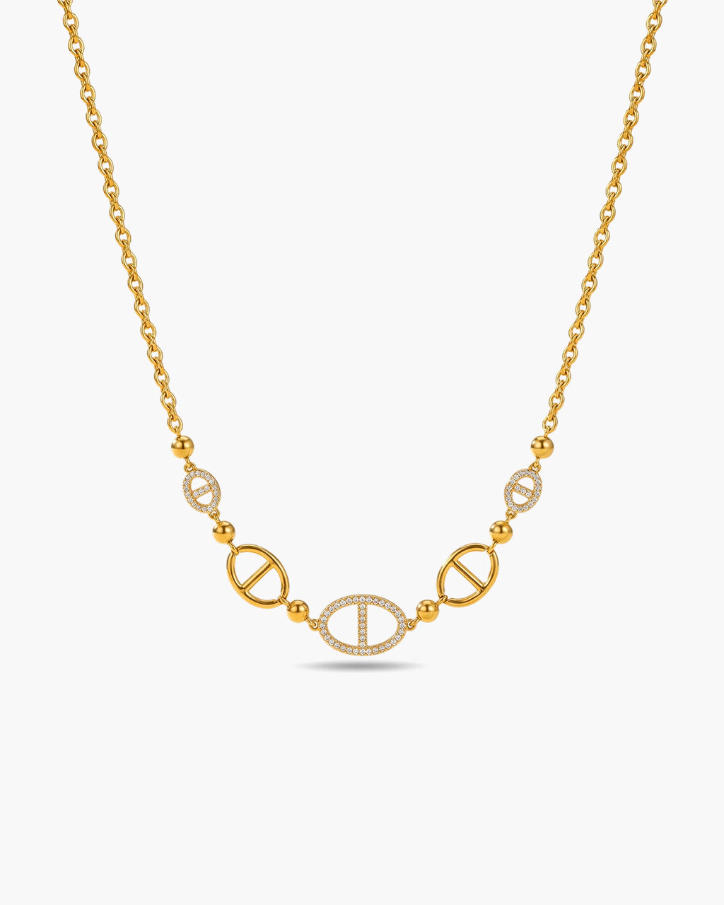 Mixed Pavé Mariner Link Waterproof Gold Necklace