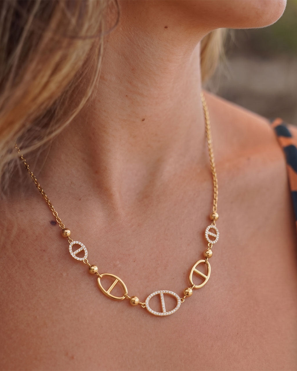 Mixed Pavé Mariner Link Waterproof Gold Necklace