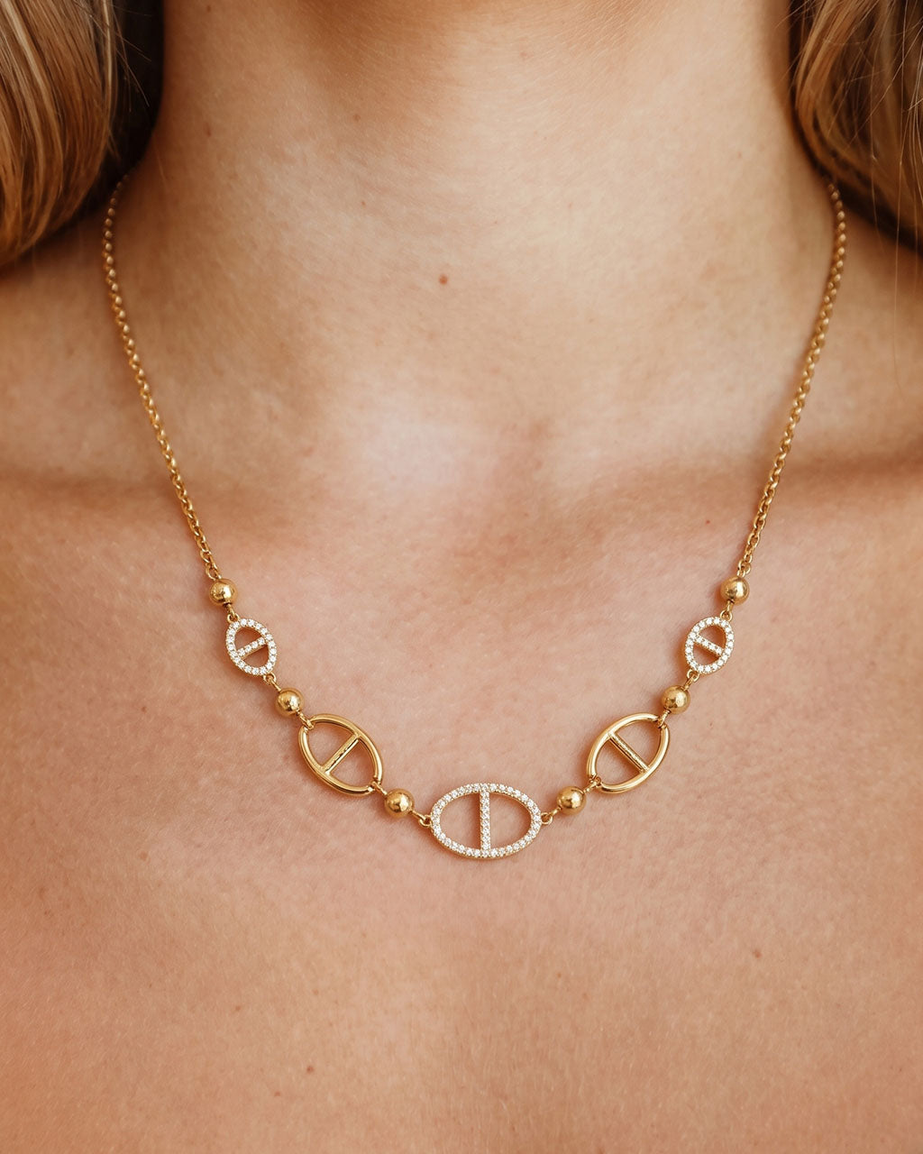 Mixed Pavé Mariner Link Waterproof Gold Necklace