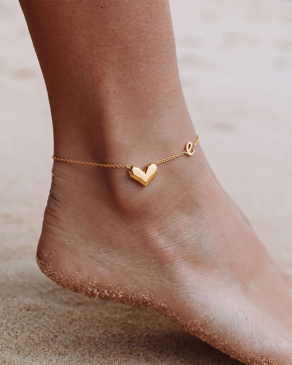 Modern Chevron Heart Letter E Waterproof Gold Anklet
