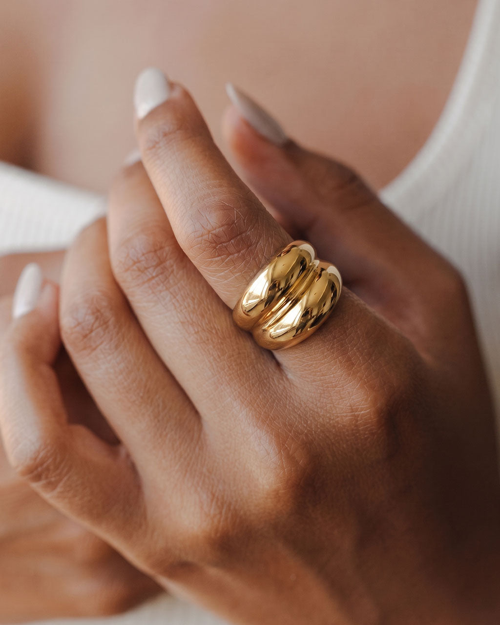 Modern Chunky Double Dome Band Waterproof Gold Ring