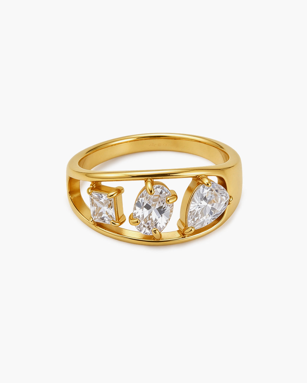 Modern Mixed Cut Three Stone Waterproof Gold Ring