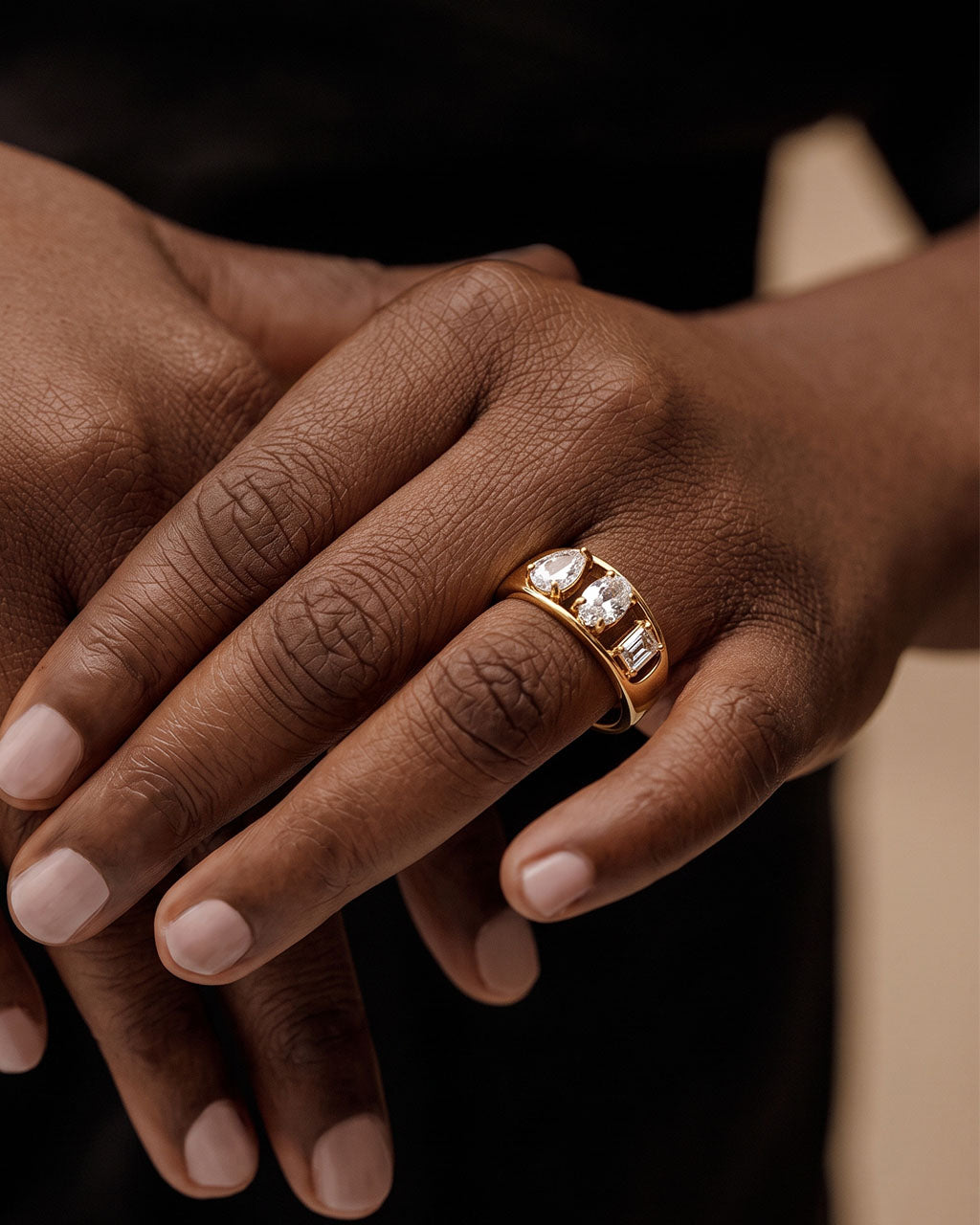 Modern Mixed Cut Three Stone Waterproof Gold Ring