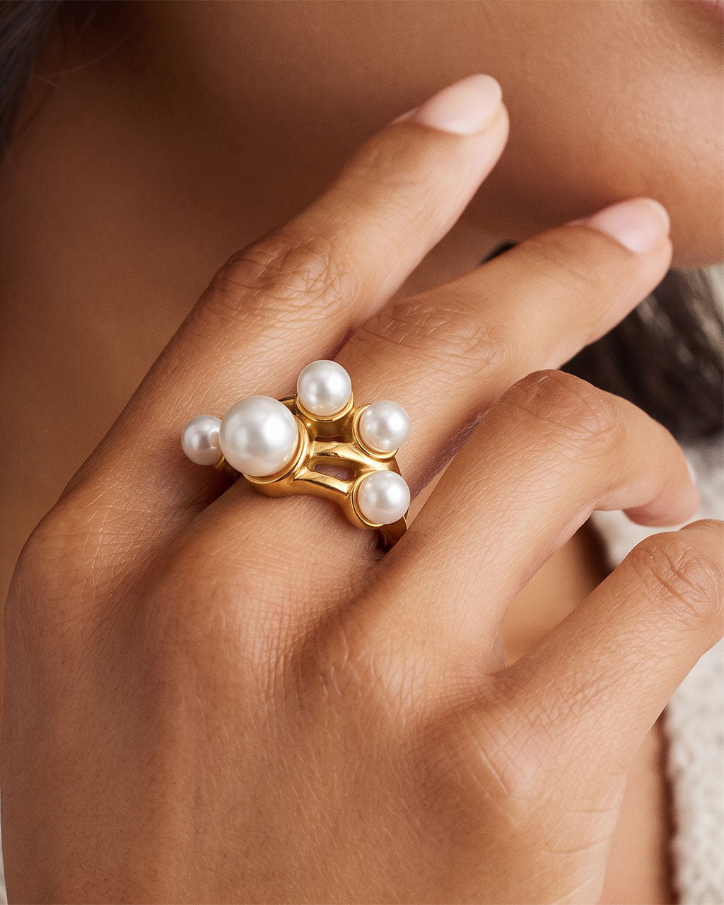 Modern Organic Pearl Statement Waterproof Gold Ring