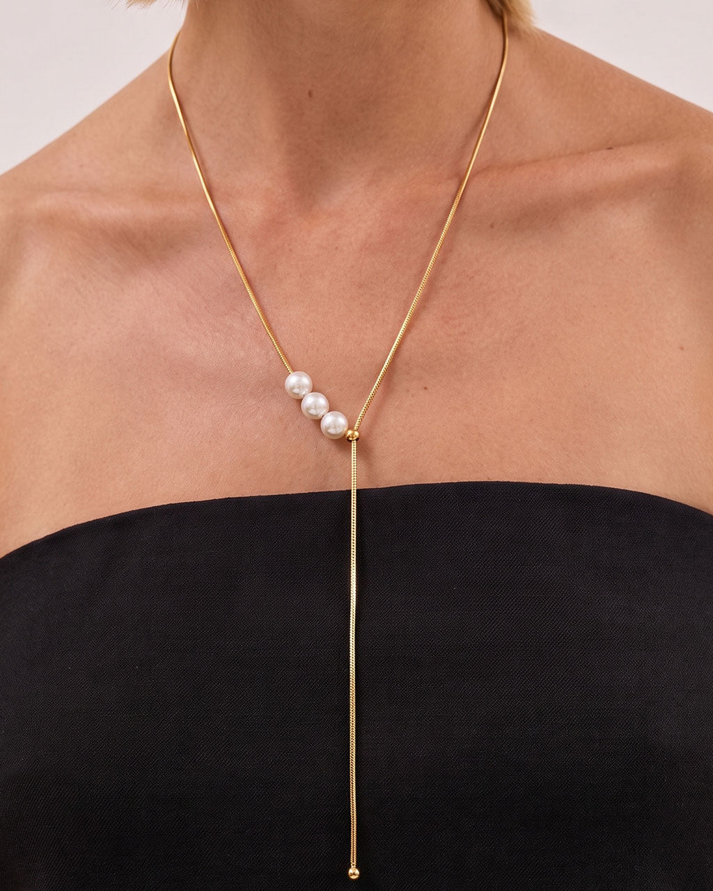 Modern Triple Pearl Y Lariat Waterproof Gold Necklace