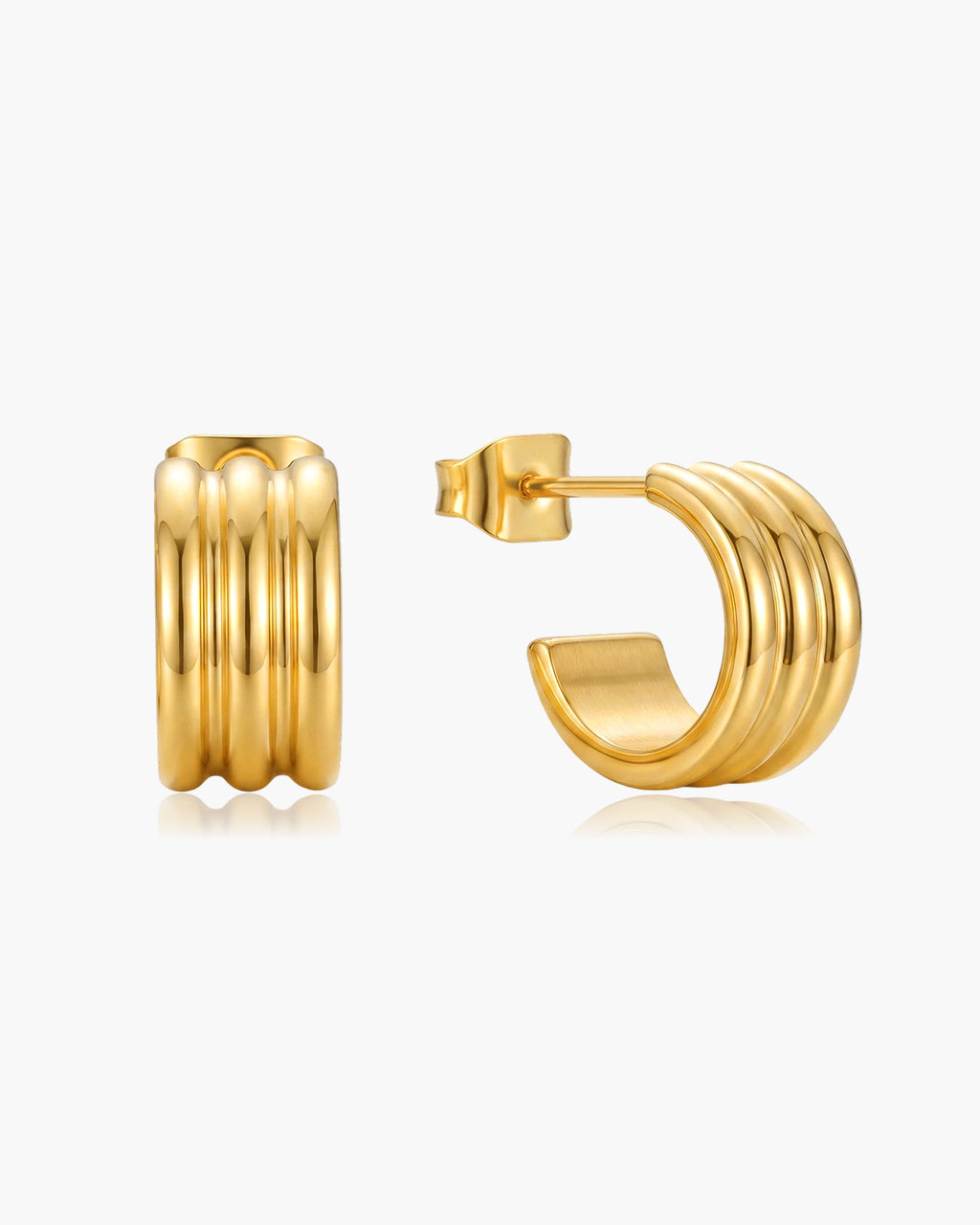 Modern Triple Row C Hoop Stud Waterproof Gold Earrings