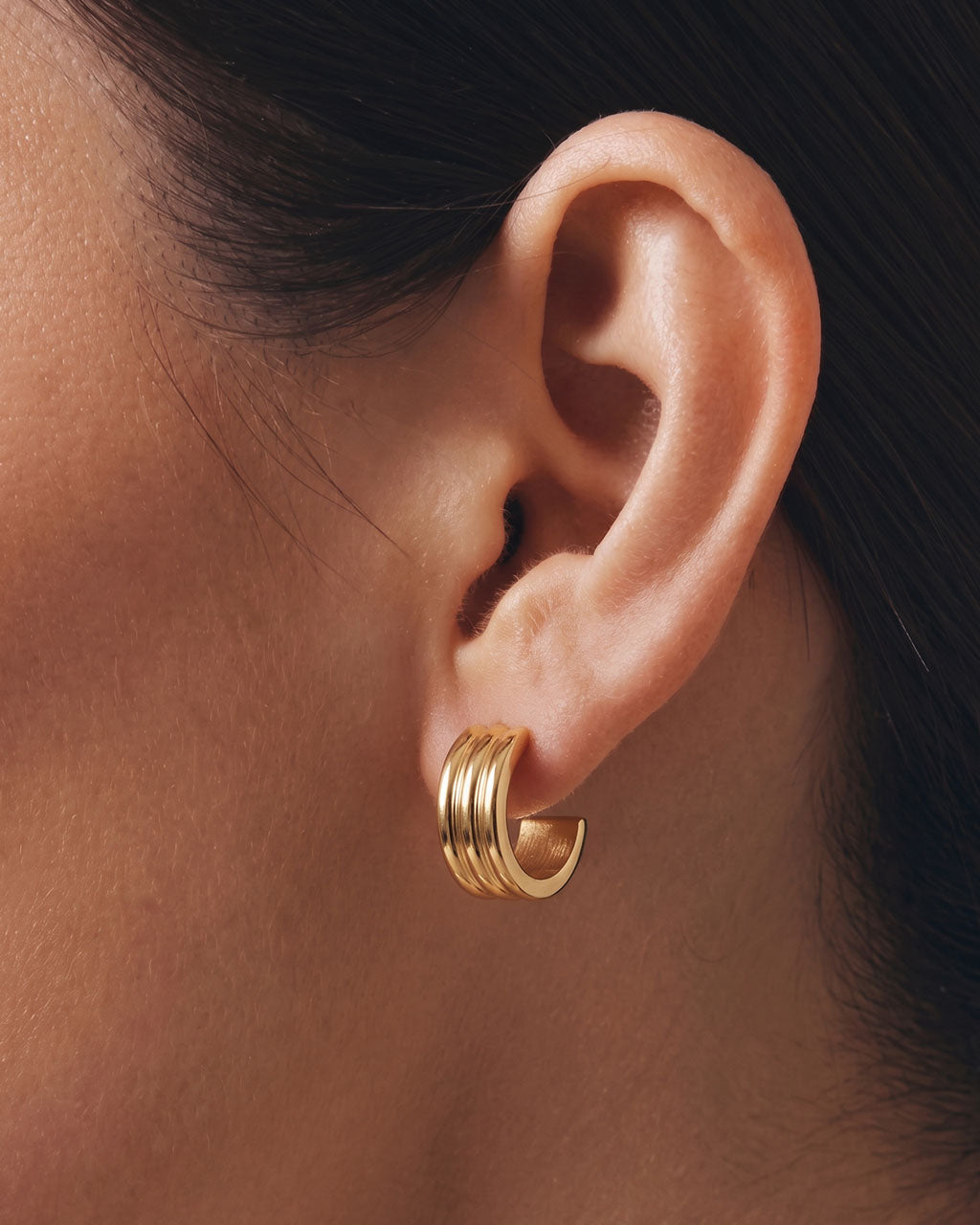 Modern Triple Row C Hoop Stud Waterproof Gold Earrings