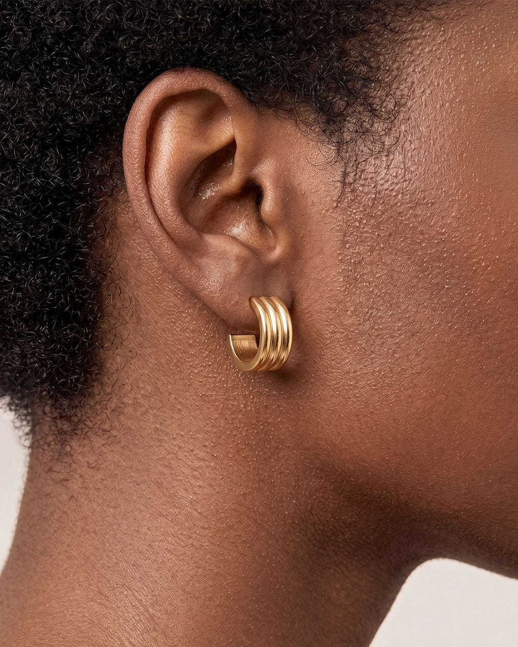 Modern Triple Row C Hoop Stud Waterproof Gold Earrings