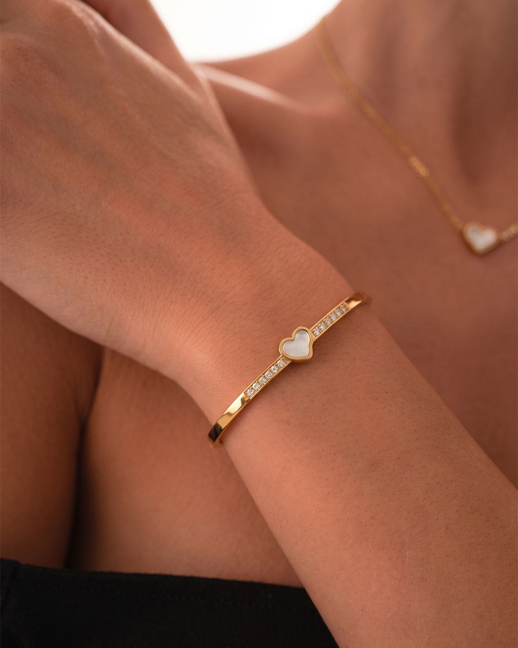 Mother of Pearl Heart Pavé Waterproof Gold Bangle
