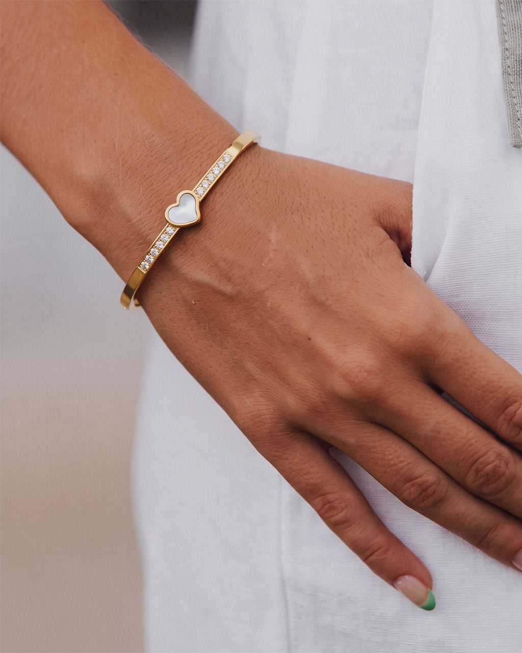 Mother of Pearl Heart Pavé Waterproof Gold Bangle