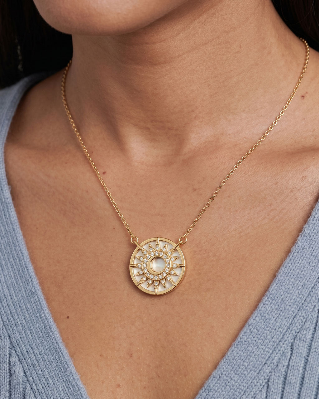 Mother of Pearl Sunburst Waterproof Gold Necklace