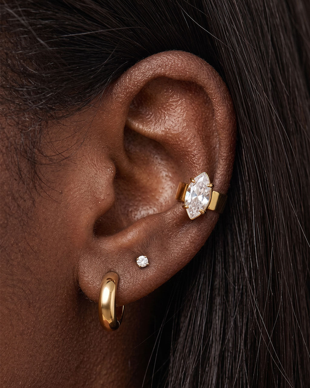 Multi Cut Solitaire Cuff Waterproof Gold Earrings