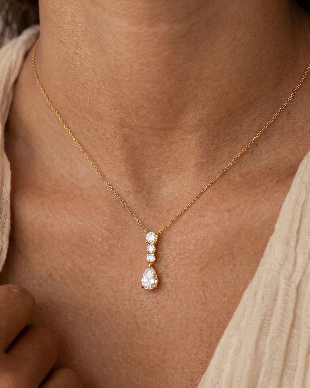 Multi Four Stone Linear Drop Waterproof Gold Necklace