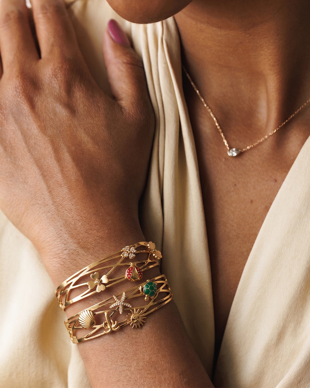 Nature Charm Openwork Cuff Waterproof Gold Bangle