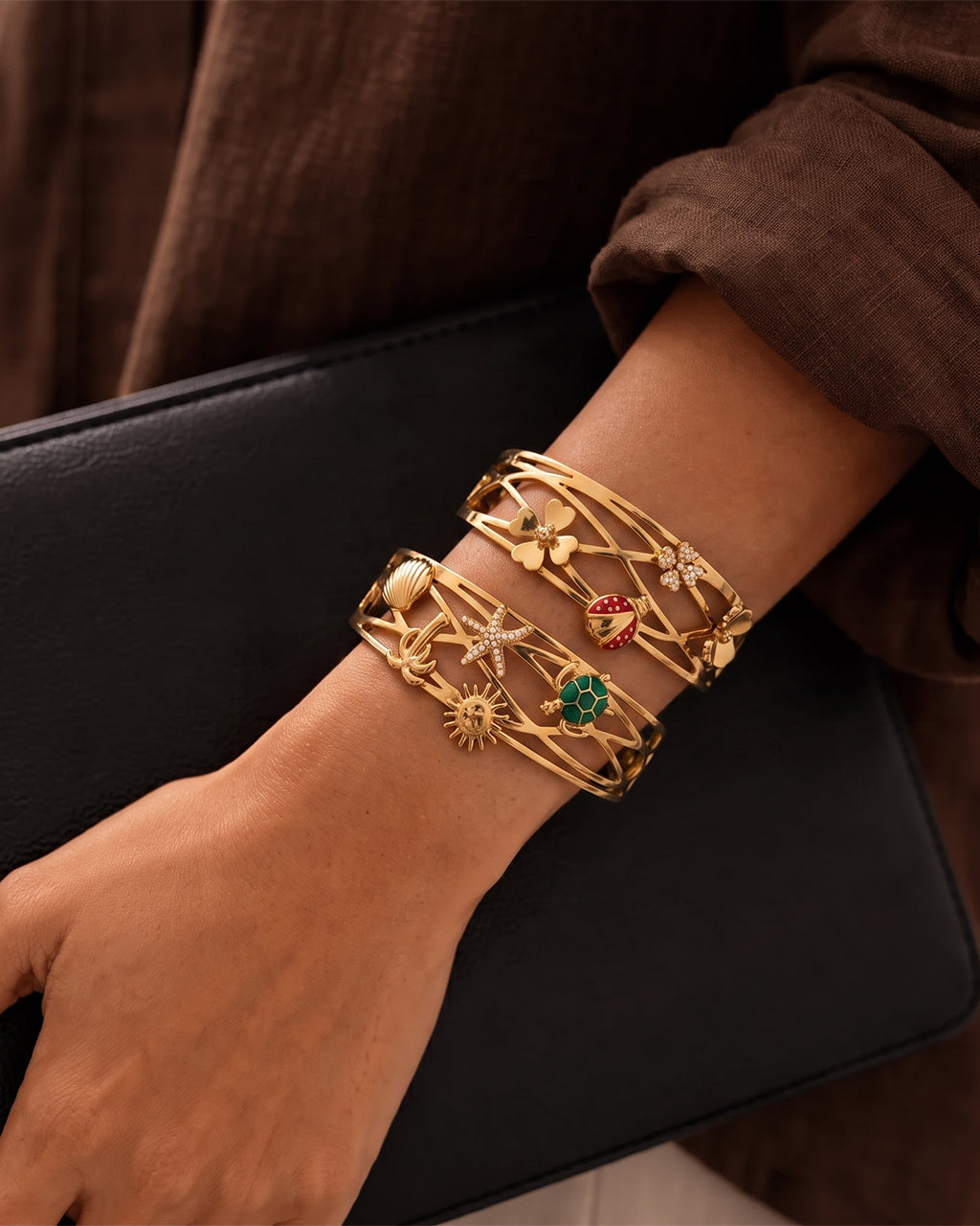 Nature Charm Openwork Cuff Waterproof Gold Bangle