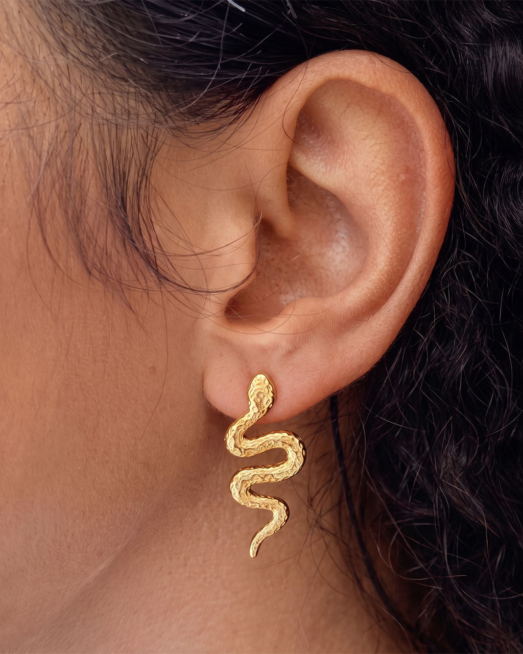 Ocean Textured Snake Stud Waterproof Gold Earrings