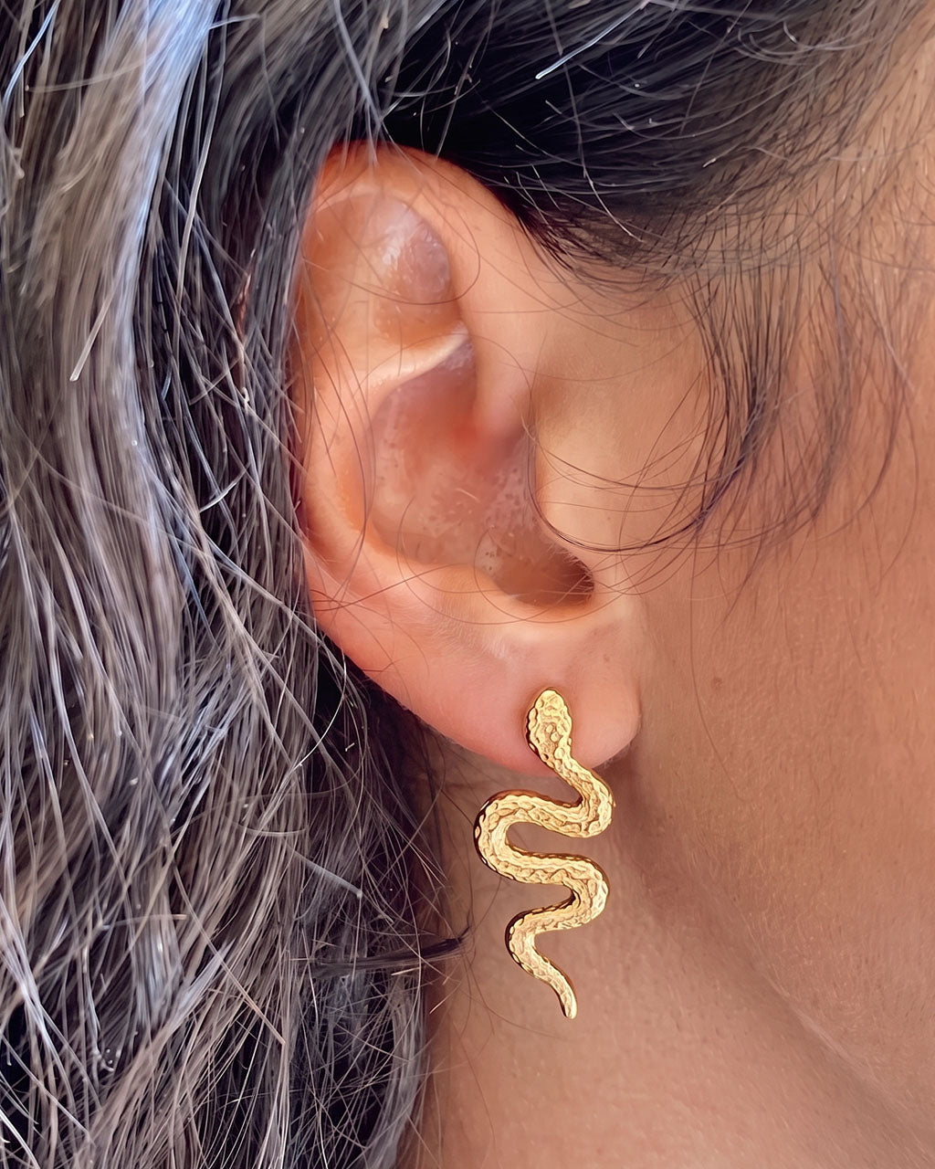 Ocean Textured Snake Stud Waterproof Gold Earrings