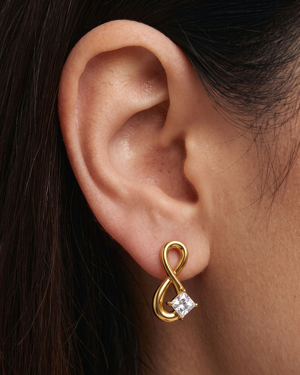Off Center Solitaire Infinity Waterproof Gold Earrings