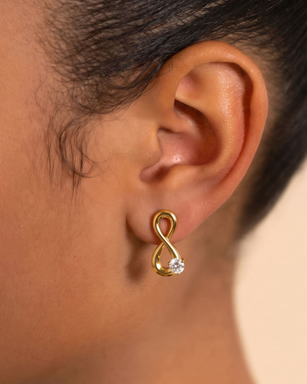 Off Center Solitaire Infinity Waterproof Gold Earrings