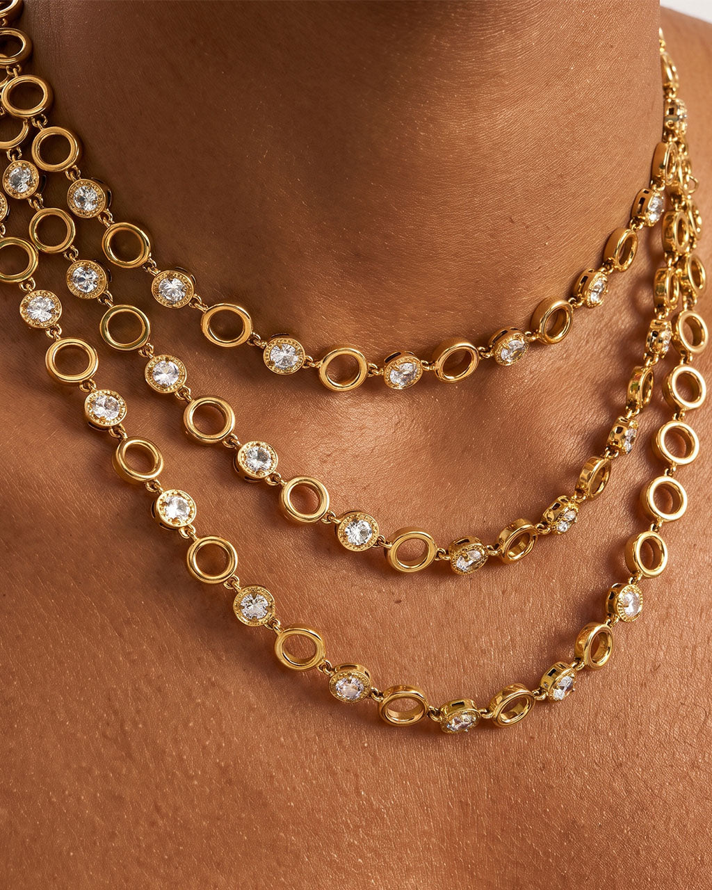 Open Circle Bezel Tennis Waterproof Gold Necklace