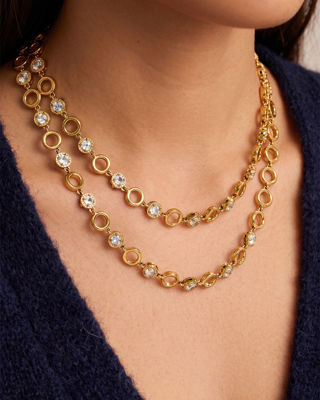 Open Circle Bezel Tennis Waterproof Gold Necklace