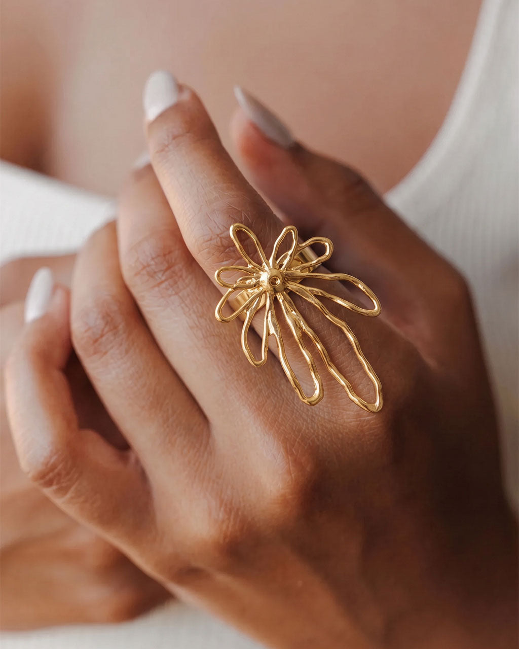Open Flower Statement Adjustable Waterproof Gold Ring