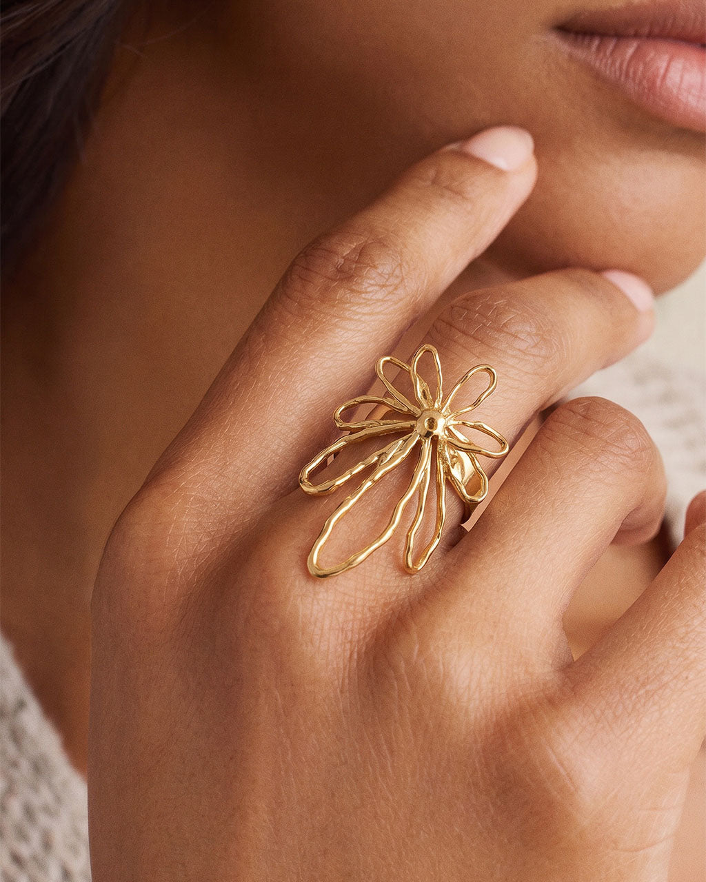 Open Flower Statement Adjustable Waterproof Gold Ring