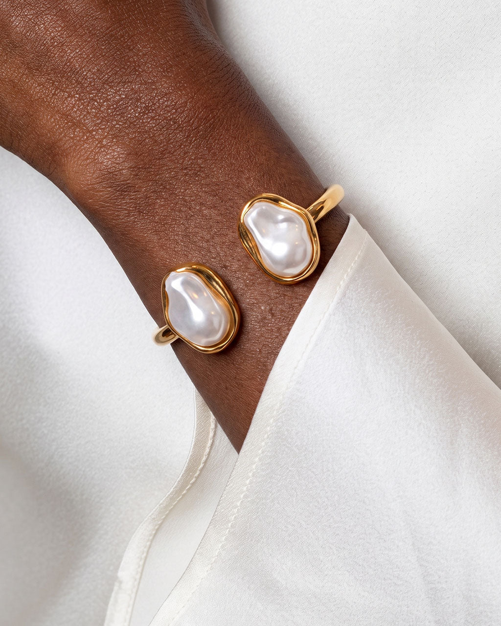 Organic Baroque Pearl Open Cuff Waterproof Gold Bangle