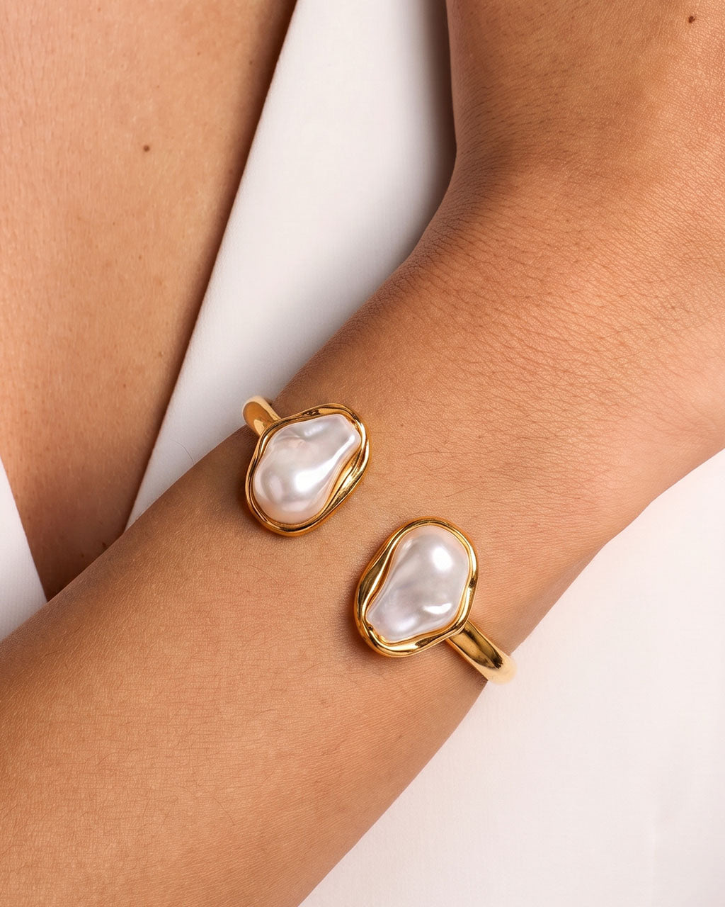Organic Baroque Pearl Open Cuff Waterproof Gold Bangle
