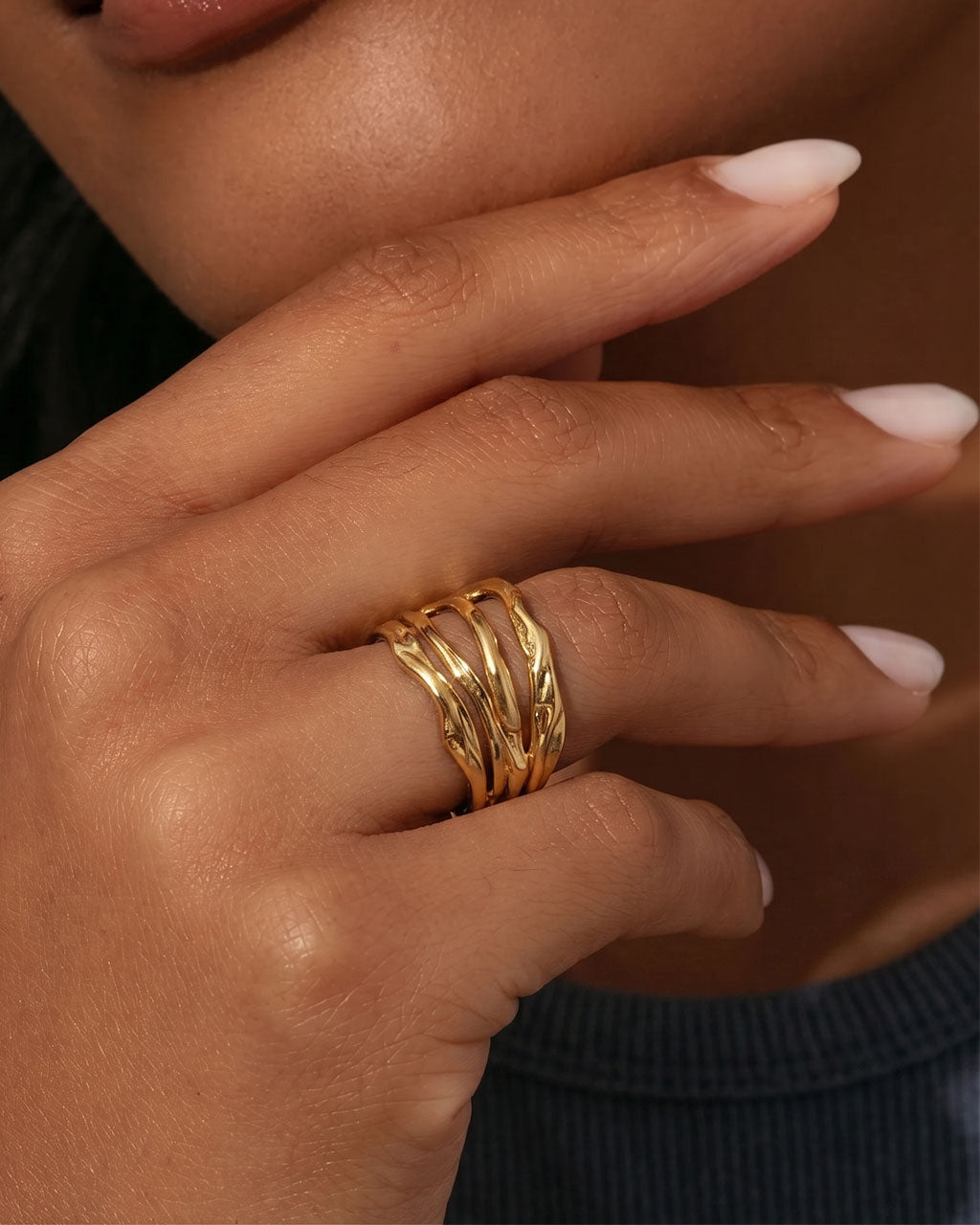 Organic Four Row Open Wavy Band Waterproof Gold Ring