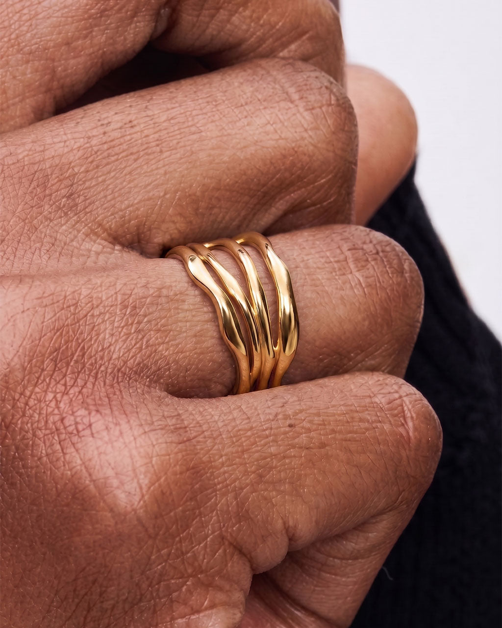 Organic Four Row Open Wavy Band Waterproof Gold Ring