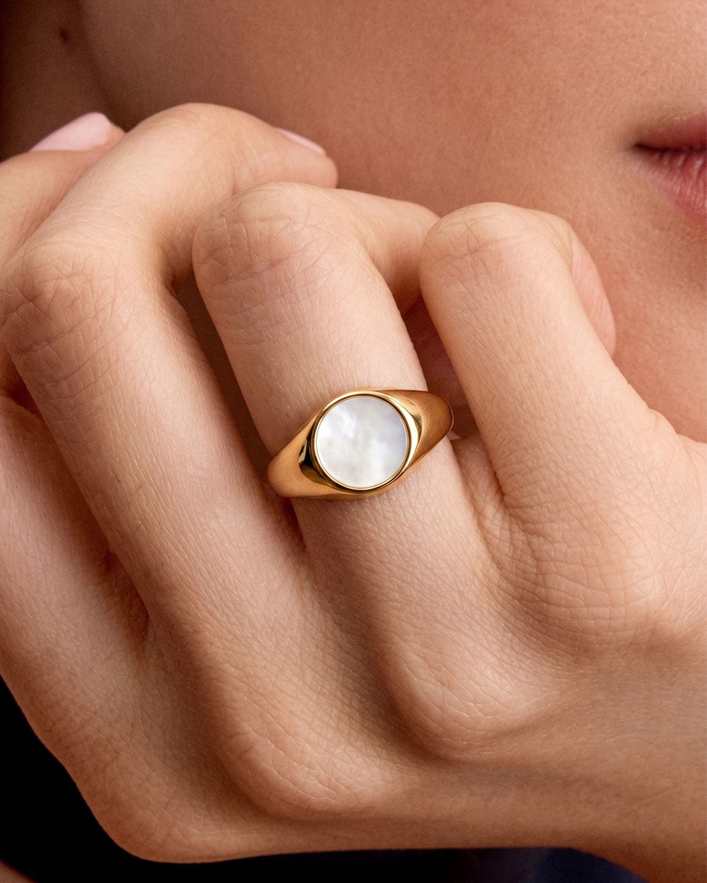 Organic Mother of Pearl Signet Waterproof Gold Ring