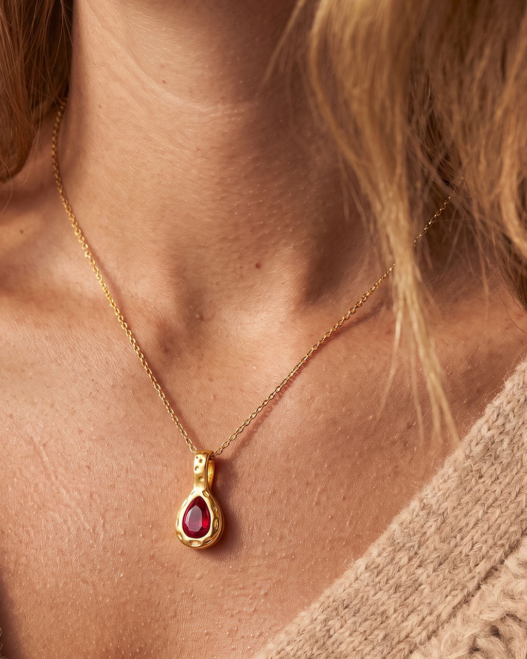 Organic Pear Cut Solitaire Waterproof Gold Necklace