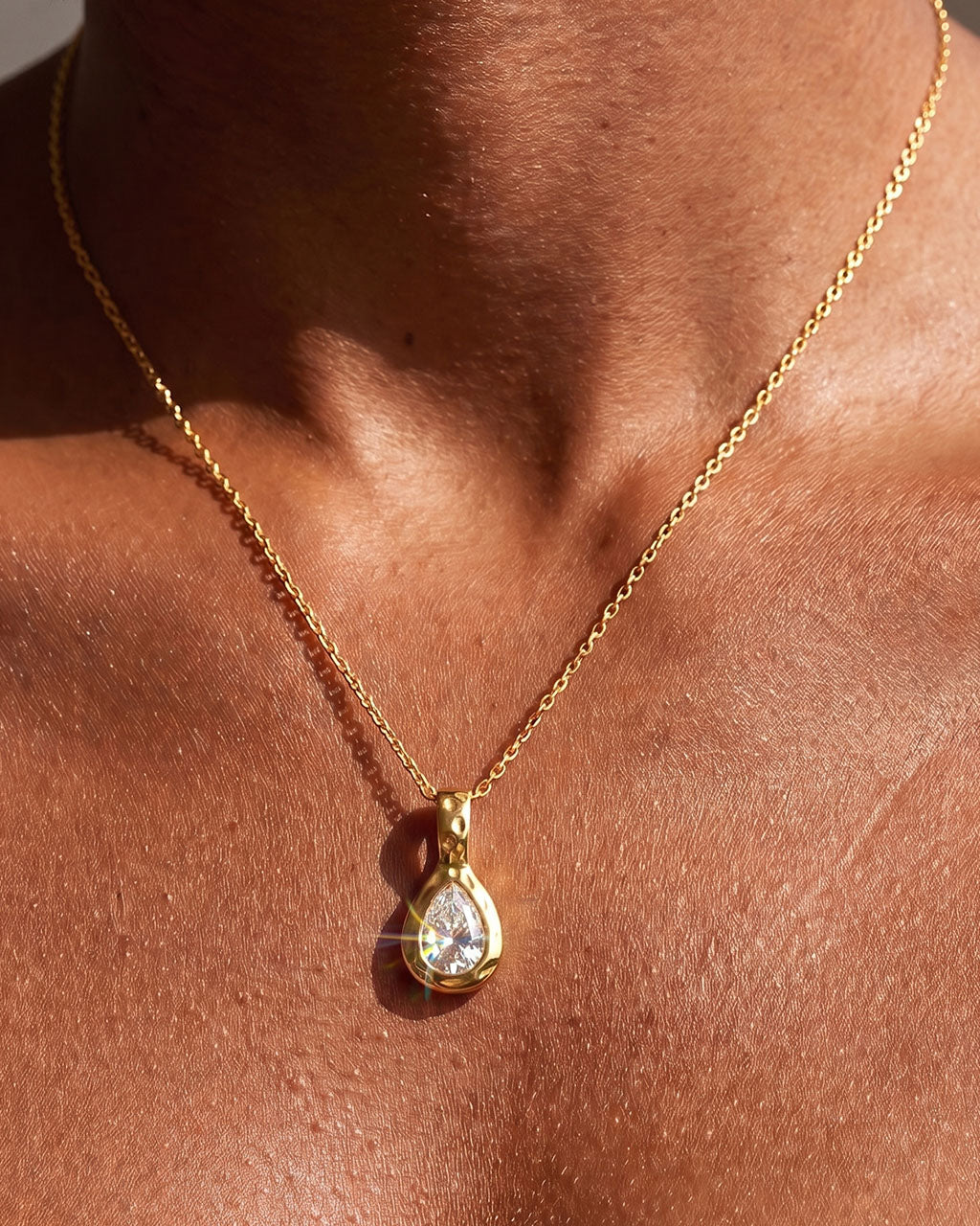 Organic Pear Cut Solitaire Waterproof Gold Necklace