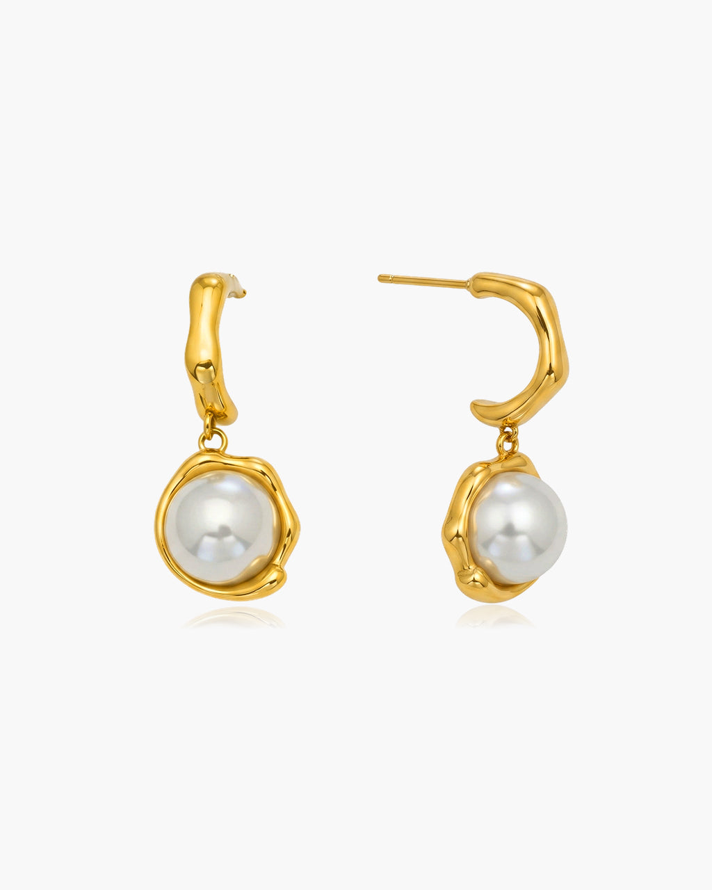 Organic Pearl Drop C Hoop Stud Waterproof Gold Earrings