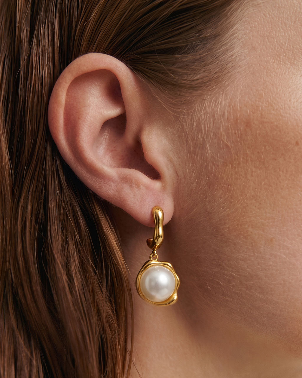 Organic Pearl Drop C Hoop Stud Waterproof Gold Earrings