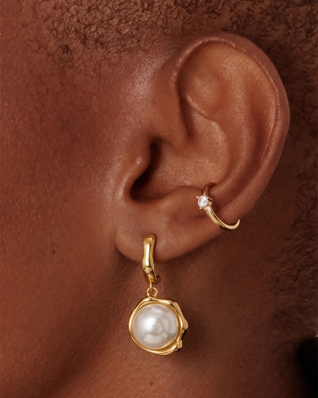 Organic Pearl Drop C Hoop Stud Waterproof Gold Earrings