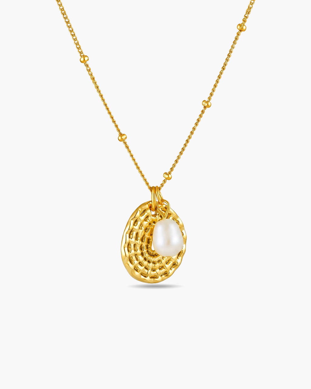 Organic Pearl Hammered Disc Waterproof Gold Necklace