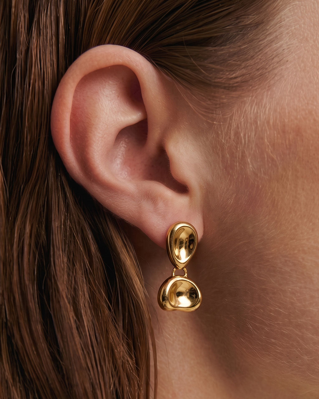 Organic Pebble Drop Stud Waterproof Gold Earrings