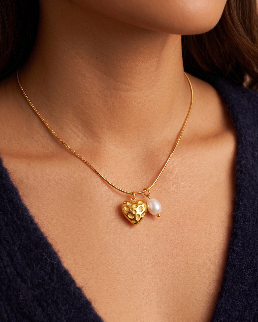 Organic Puffy Heart Pearl Waterproof Gold Necklace