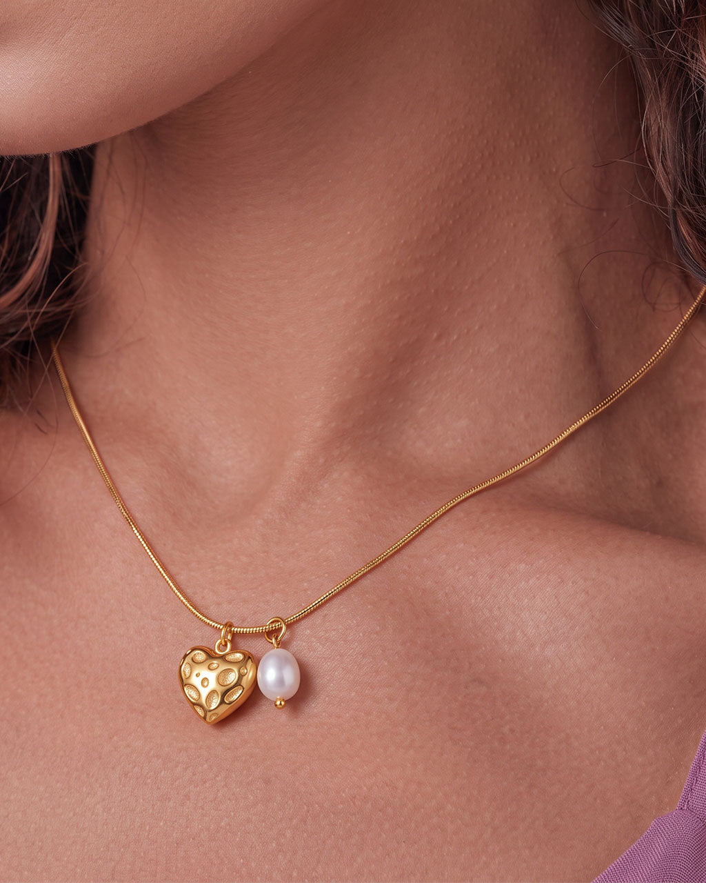 Organic Puffy Heart Pearl Waterproof Gold Necklace