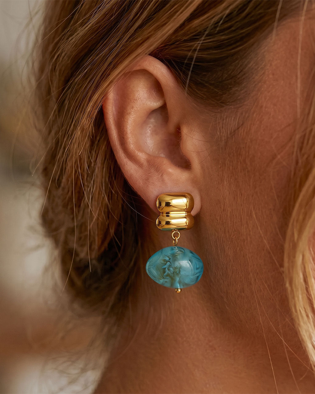 Organic Resin Pebble Drop Waterproof Gold Earrings