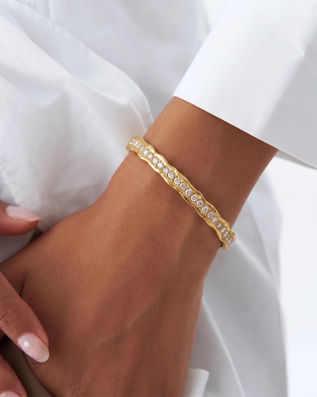 Organic Simulated Diamond Cuff Waterproof Gold Bangle