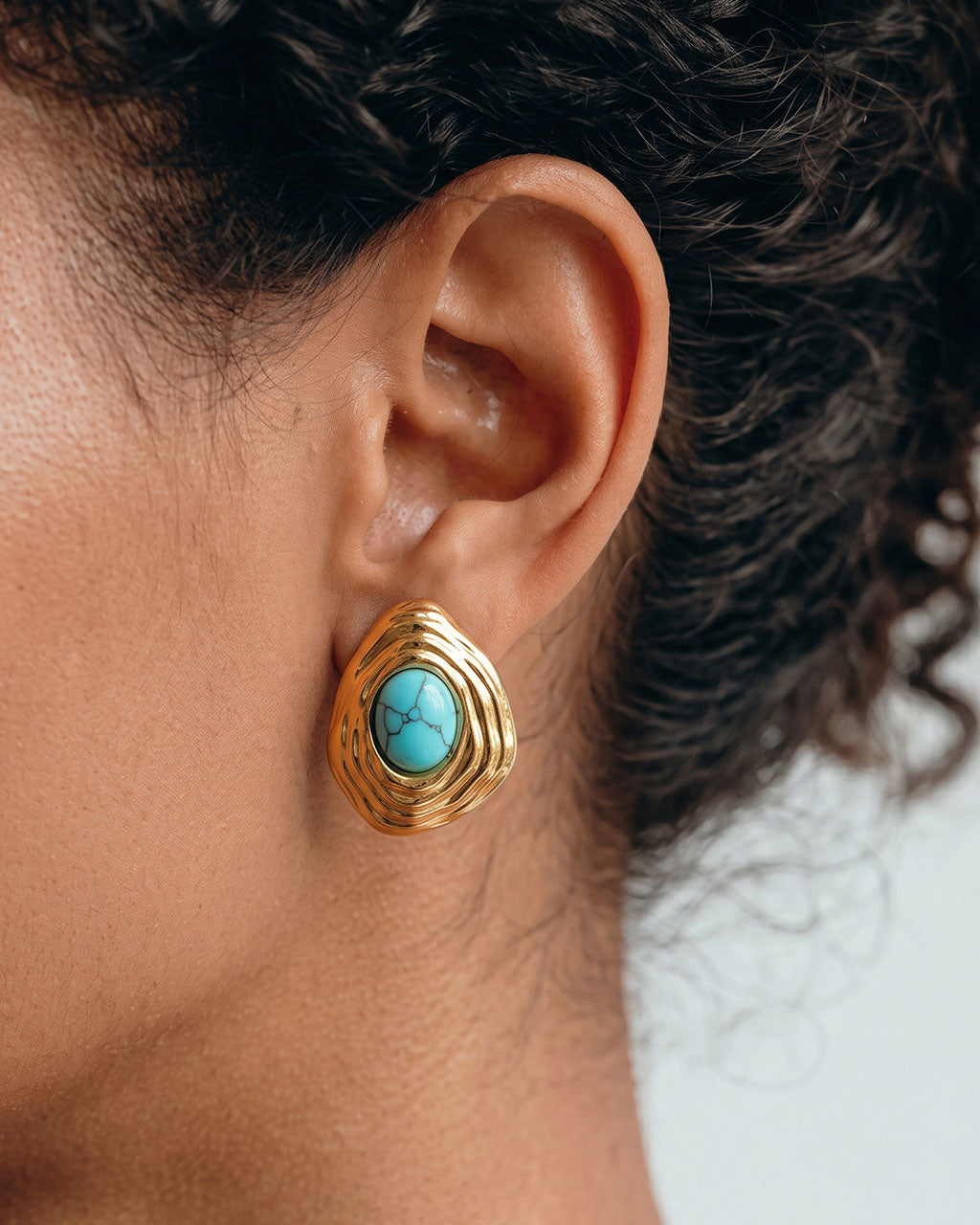 Organic Stone Ripple Stud Waterproof Gold Earrings