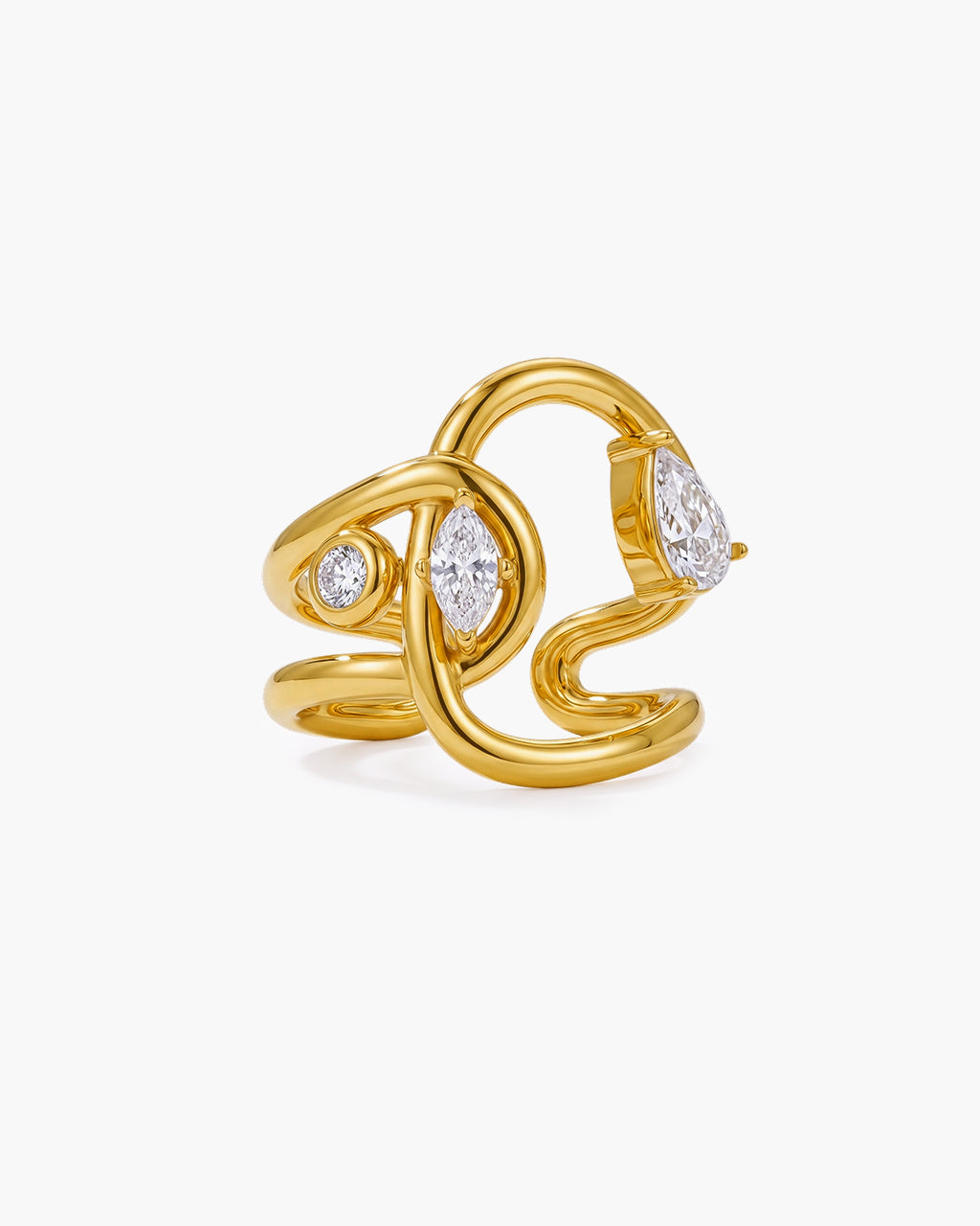 Organic Three Stone Open Swirl Waterproof Gold Ring