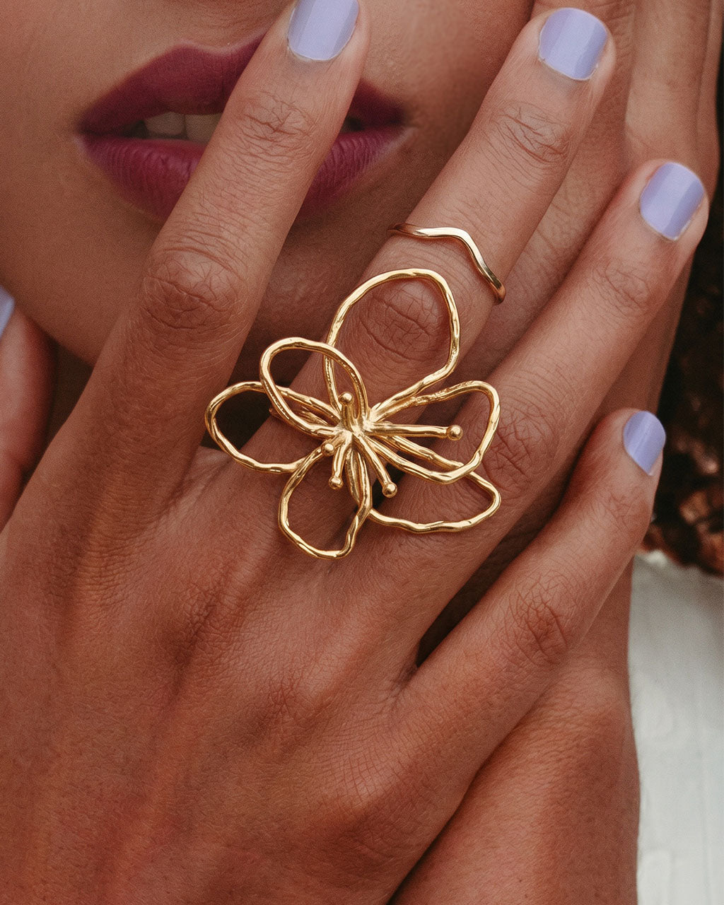 Organic Wire Flower Chunky Open Waterproof Gold Ring